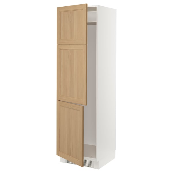 SEKTION kitchen cabinet with white frame, light wooden doors, slight open.