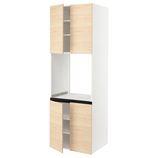 An ikea SEKTION kitchen cabinet in light ash wood. It a tall white frame with wooden doors, a shelf, and an open center section.