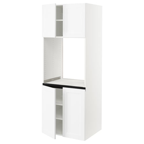 A white ikea SEKTION kitchen cabinet with open doors, featuring a modern, clean design with a flat panel style.