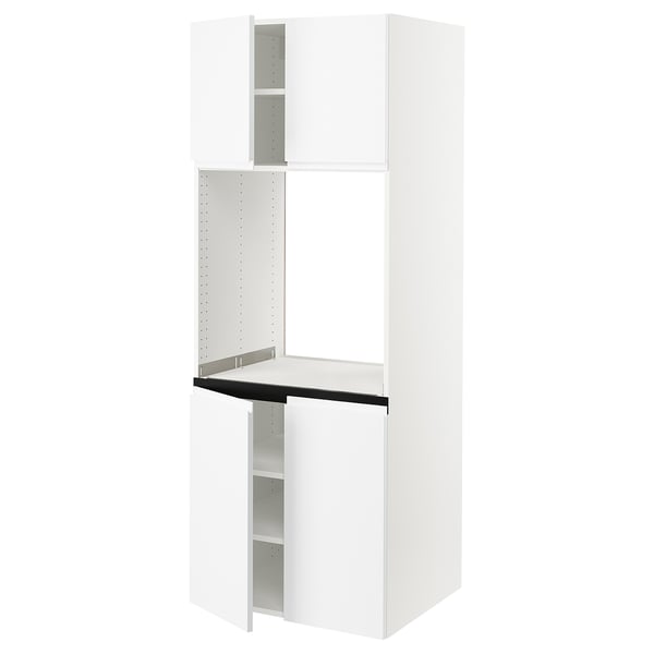 A white SEKTION kitchen cabinet with integrated handles, featuring a minimalist design and multiple shelves inside.