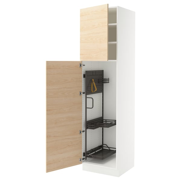 Wooden and white kitchen cabinet, open, adjustable shelves.