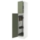 White tall kitchen cabinet with green doors open, revealing adjustable shelves and steel accessories.