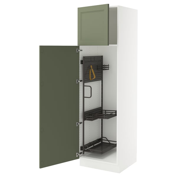 A SEKTION kitchen cabinet in green with adjustable shelves and a dampening hinge.