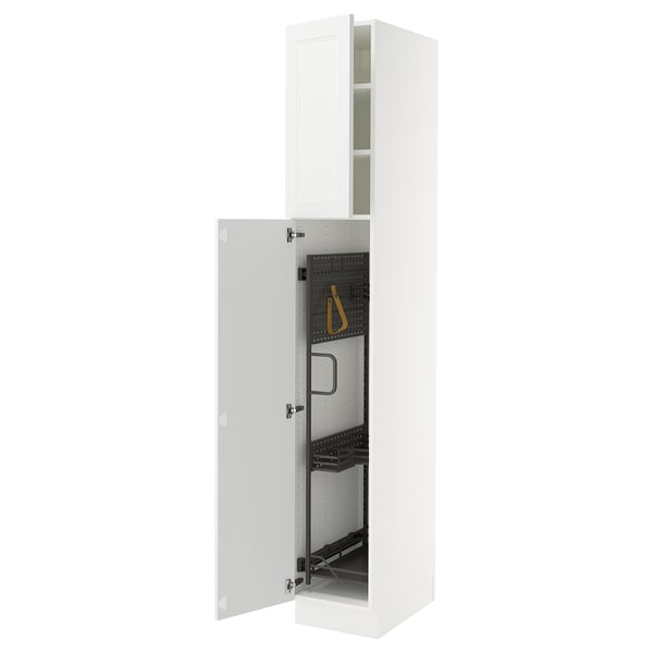 A white, tall kitchen cabinet with an open door revealing adjustable shelves inside.