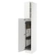 A white, tall kitchen cabinet with an open door revealing adjustable shelves inside.