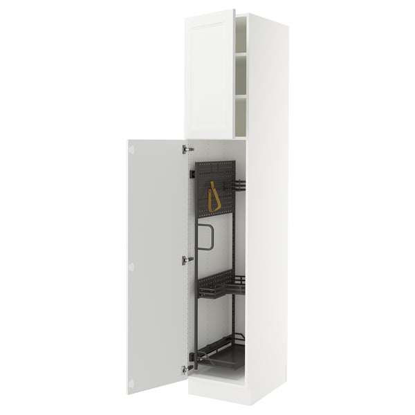 White SEKTION kitchen cabinet with adjustable shelves, open doors revealing inner organisation.