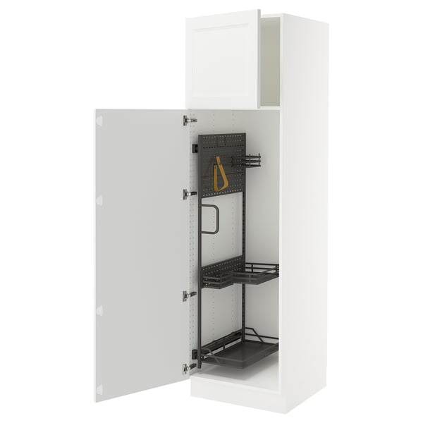 SEKTION white kitchen cabinet, open doors showcasing metal shelves, accessories included.