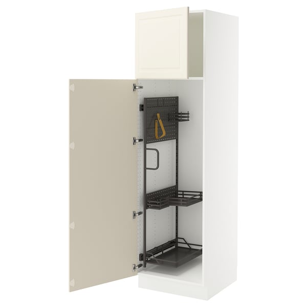 White SEKTION cabinet with bevelled off-white door, inner shelves, adjustable shelving.