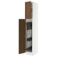 An ikea SEKTION kitchen cabinet in white with walnut-colored doors, open to reveal adjustable shelves and a built-in organizer.