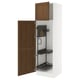 Open kitchen cabinet with wooden door, metal interior, multiple shelves, and hooks.