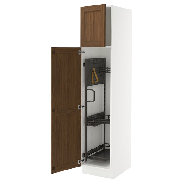 White SEKTION cabinet with walnut door, open, showing adjustable shelves and damping hinge.