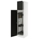An open white SEKTION kitchen cabinet with black doors and internal organisation, including shelves and pegboards.