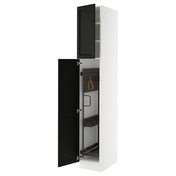 White SEKTION kitchen cabinet, black stained door with bevelled edges, adjustable shelves, and hidden hinges.