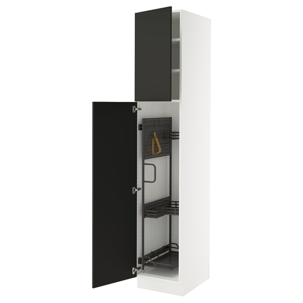 SEKTION white cabinet with black doors adjustable shelves and inner storage accessories.