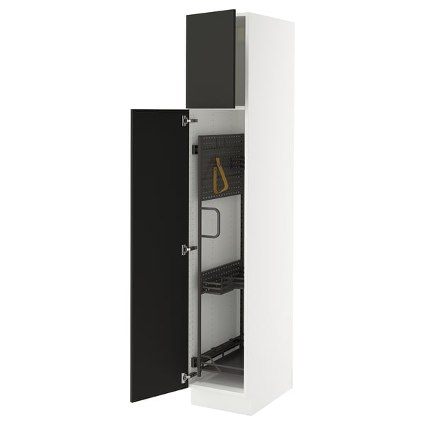 SEKTION white kitchen cabinet with black doors, adjustable shelves, and soft-closing hinges.