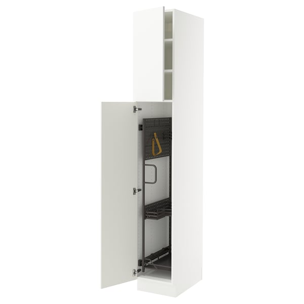 A white SEKTION kitchen cabinet with high-gloss, modern design, featuring adjustable shelves and a soft-close door.
