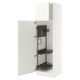 Depicts a white SEKTION kitchen cabinet with open doors, revealing adjustable metal shelves and a yellow cleaning strap.