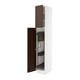 A white IKEA SEKTION kitchen cabinet with dark brown oak doors, open to reveal shelves.