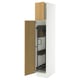 A tall white storage cabinet with oak doors, one open revealing adjustable shelves and hanging loops inside.