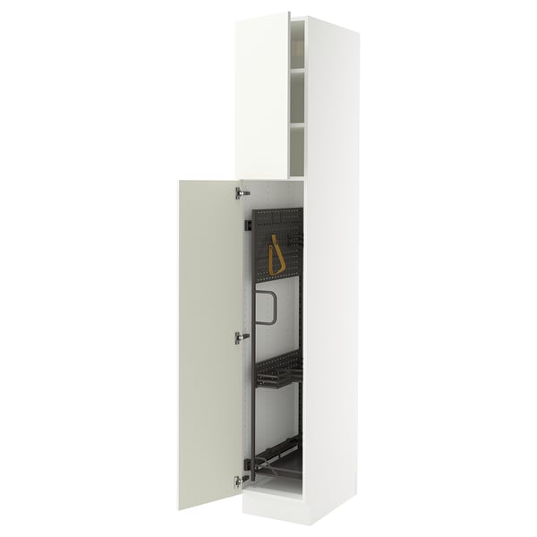 Depicts a SEKTION white tall kitchen cabinet with a single door open, revealing adjustable shelves and a yellow cleaning tool.