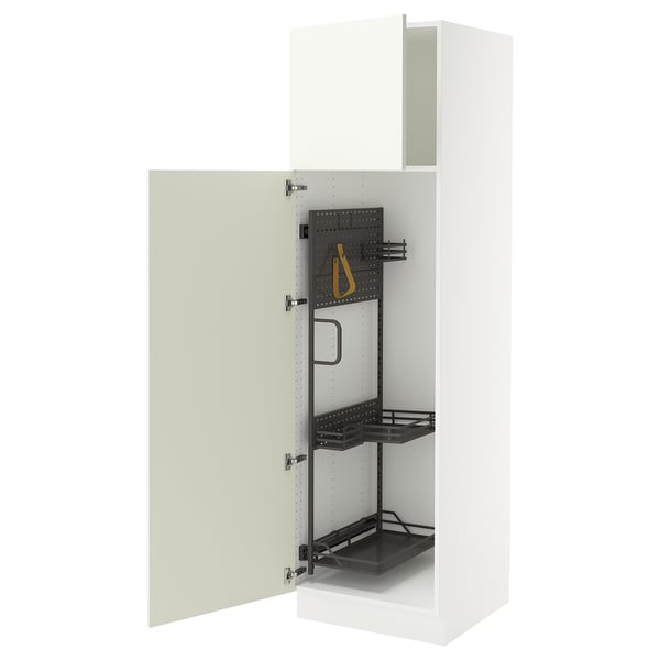 White SEKTION kitchen cabinet with adjustable shelves, a pegboard, and yellow strap, open doorway view.