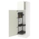 White SEKTION kitchen cabinet with adjustable shelves, a pegboard, and yellow strap, open doorway view.