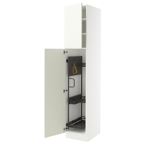 Ikea SEKTION white cabinet with open door, adjustable shelves, and hinged door.