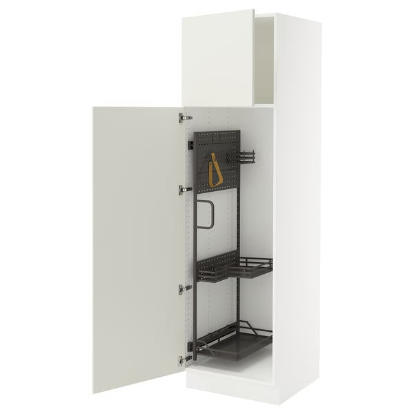 White SEKTION kitchen cabinet with open door, metal shelves and pegboard.