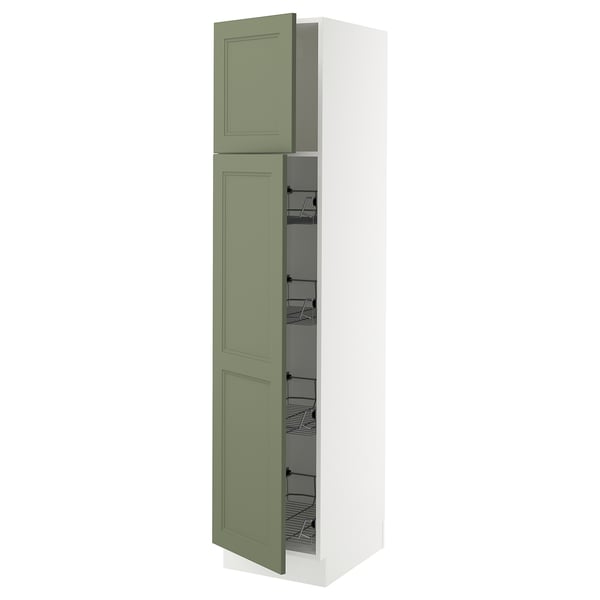 SEKTION kitchen cabinet in grey-green with pull-out baskets.