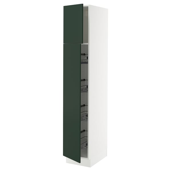 Green ikea SEKTION kitchen cabinet with wire shelves.