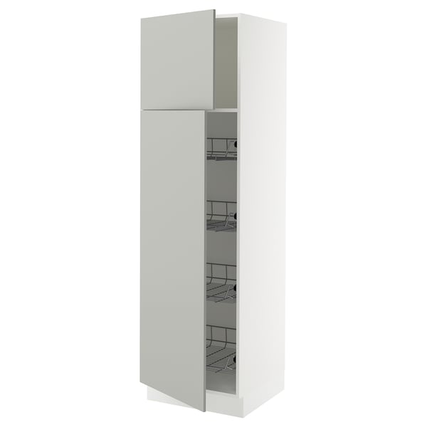 Behind: white cabinet with light grey door, smooth close hinge, black wire shelves.