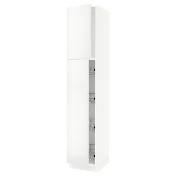 A white SEKTION kitchen cabinet. It has a glossy door that can open either left or right, and smooth-running wire baskets with a slow-close mechanism.