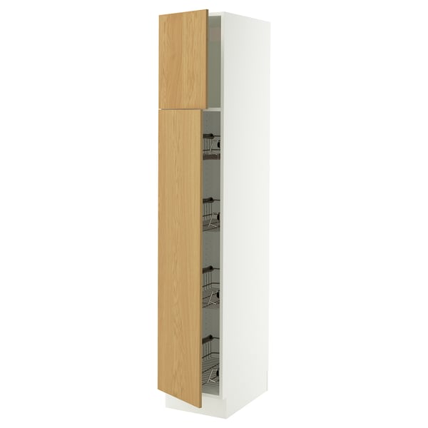 A white SEKTION tall cabinet with light oak doors and wire baskets inside. It has a sleek, vertical design suitable for storage.