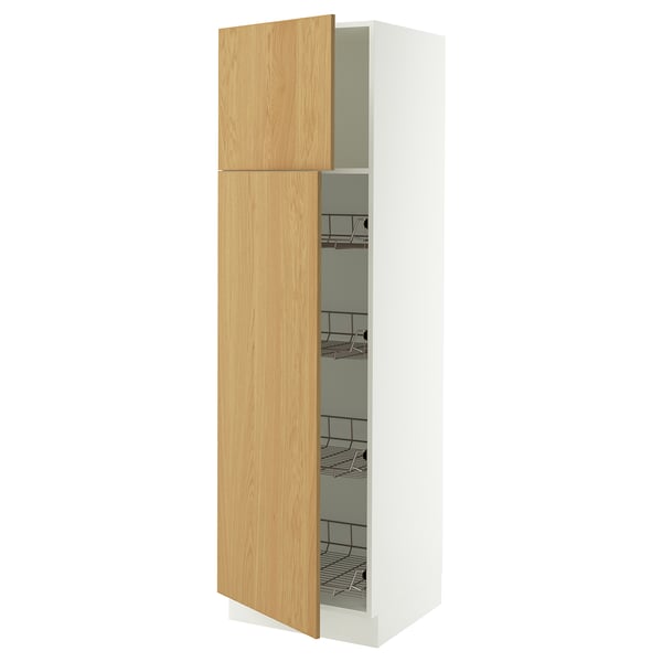 SEKTION kitchen cabinet, tall, white with light wood doors, metal baskets, modern design.