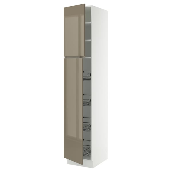 SEKTION kitchen cabinet in high gloss tan with integrated handles and pull-out storage.
