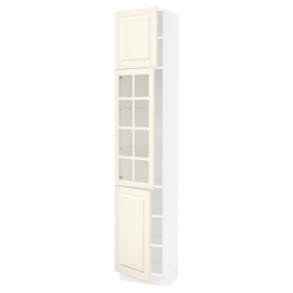 An ikea SEKTION kitchen cabinet in off-white with glass doors, featuring a traditional design.