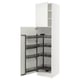 White kitchen cabinet with pull-out shelves and handle.