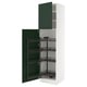 White and green tall kitchen cabinet with pull-out shelves.