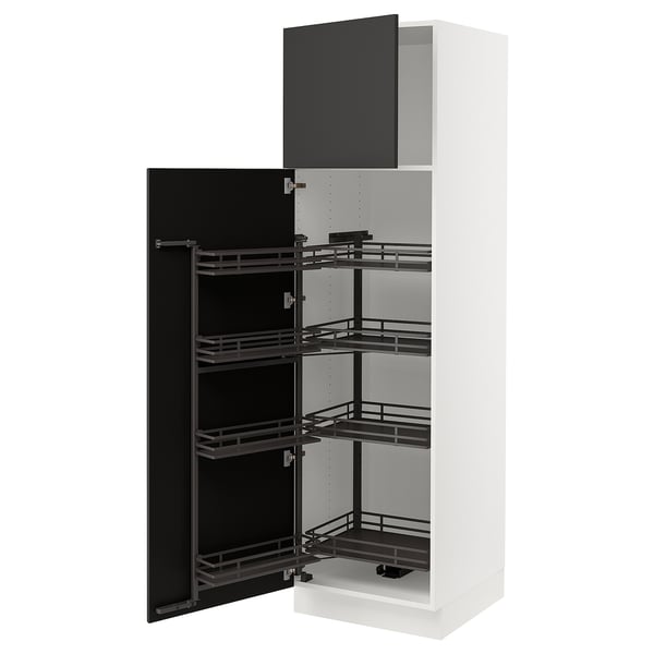 Modern black kitchen cabinet with pull-out shelves, sleek design, three-tiered storage.