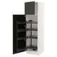 Modern black kitchen cabinet with pull-out shelves, sleek design, three-tiered storage.