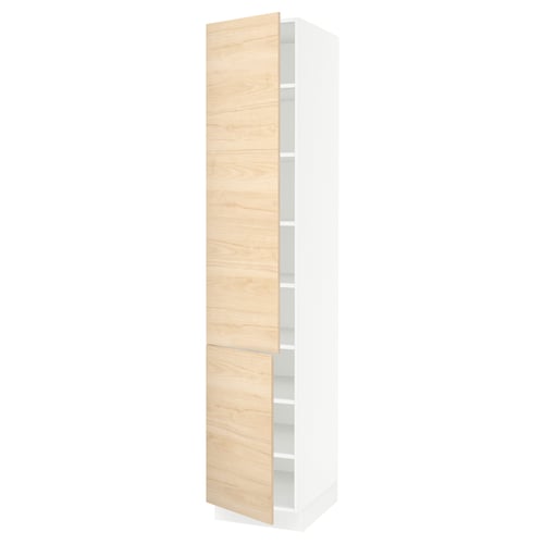 Ikea SEKTION tall white cabinet with light wood door, adjustable shelves.