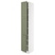 A tall, narrow cabinet with light green doors, featuring a sleek, modern design. It has a white frame and adjustable shelves inside.