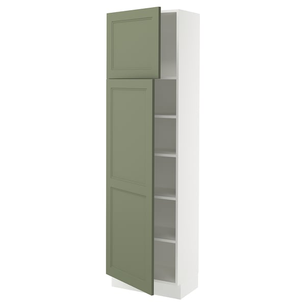 A tall, narrow kitchen cabinet, featuring two green-gray doors and adjustable shelves, mounted on a white frame.