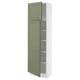 A tall, narrow kitchen cabinet, featuring two green-gray doors and adjustable shelves, mounted on a white frame.