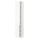 White tall storage cabinet, slim rectangular shape with two doors, sleek modern design.
