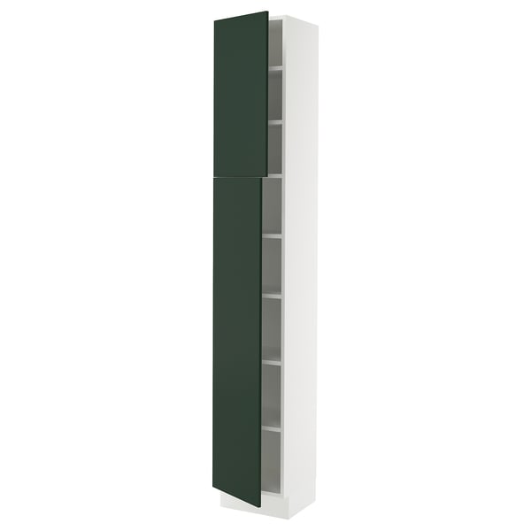 SEKTION tall kitchen cabinet, green, white frame, adjustable shelves, modern design.