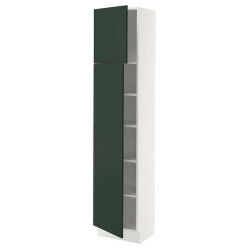 SEKTION tall white cabinet with green doors, modern design, adjustable shelves, durable construction.
