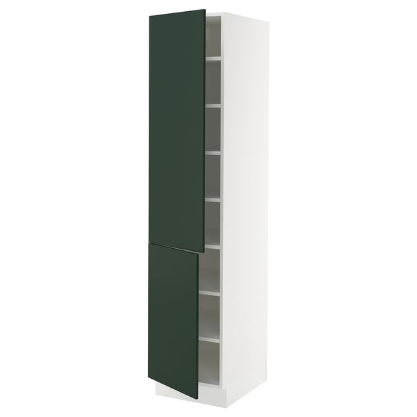 A white SEKTION tall kitchen cabinet with green doors and shelves.