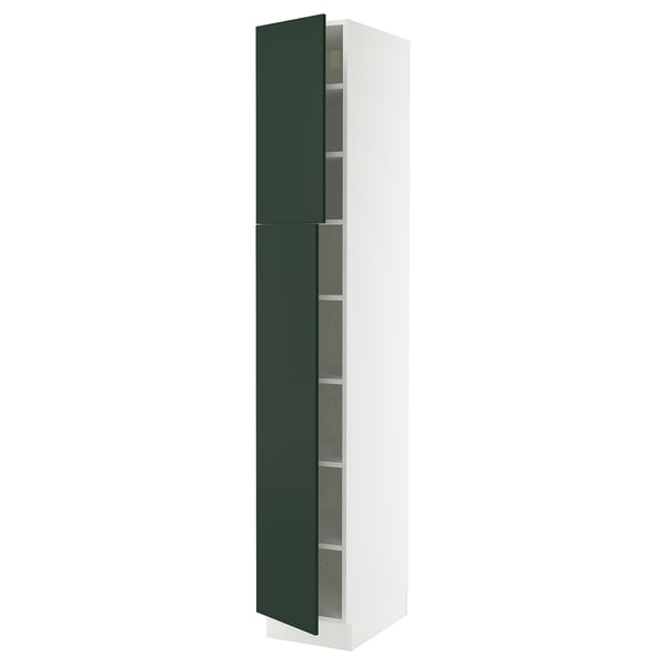 Depicts an ikea SEKTION kitchen cabinet with a tall, white frame and dark green doors, featuring a modern and sleek design.