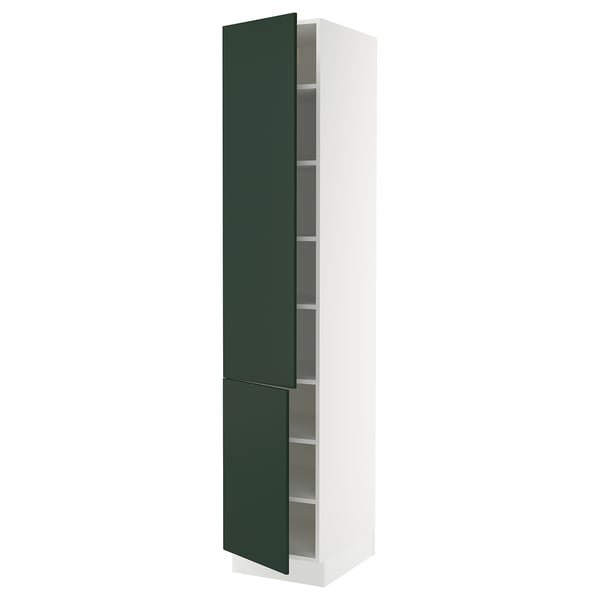 SEKTION kitchen unit in dark green and white, tall and slim with adjustable shelves, modern design.